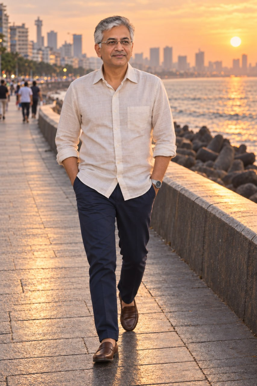 Khurana walking along a waterfront at sunset