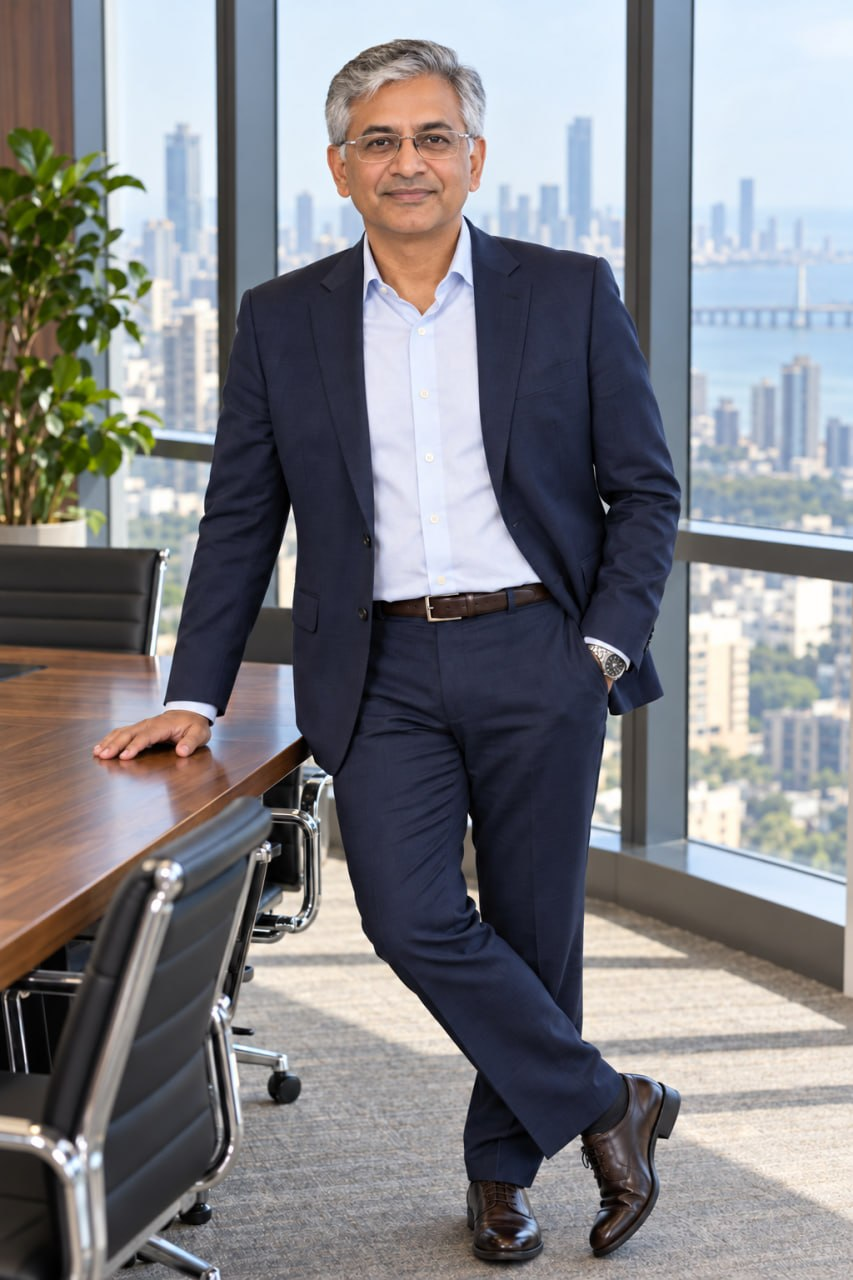 Khurana standing in an office in a navy suit