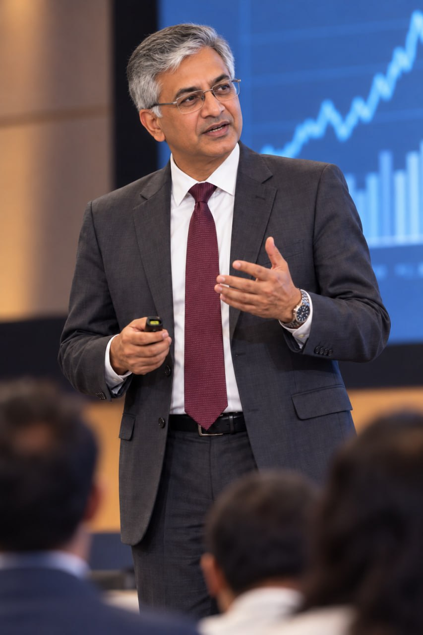 Khurana speaking in front of a financial chart