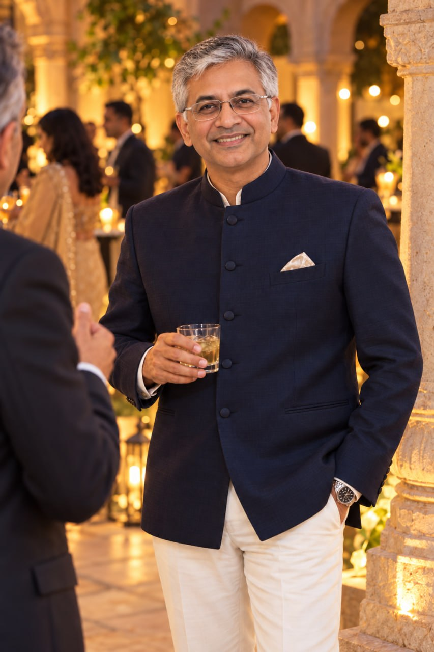 Khurana in a navy traditional jacket at a social gathering