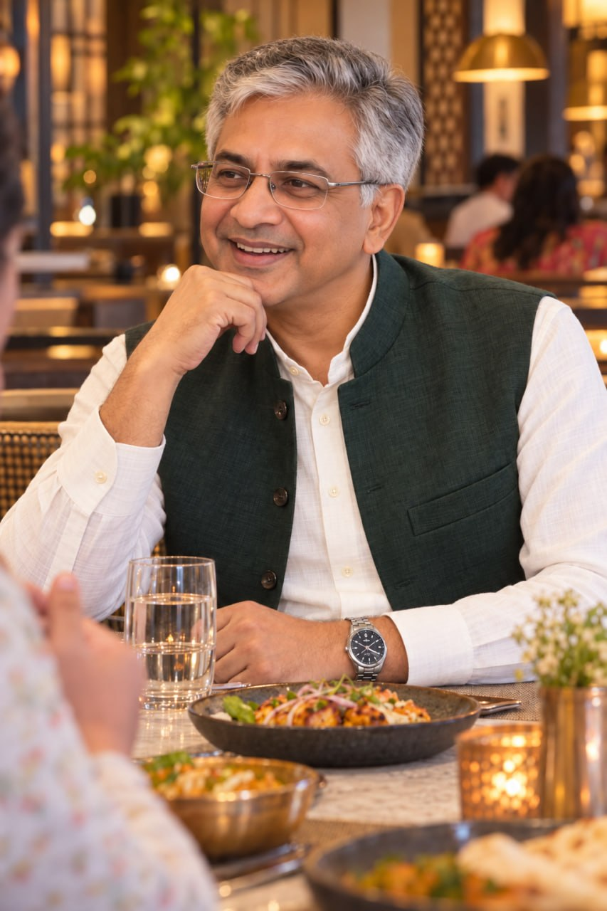 Khurana smiling during a conversation at a dining table