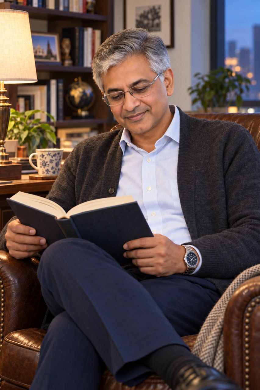 Khurana reading a book in an armchair beside a bookshelf